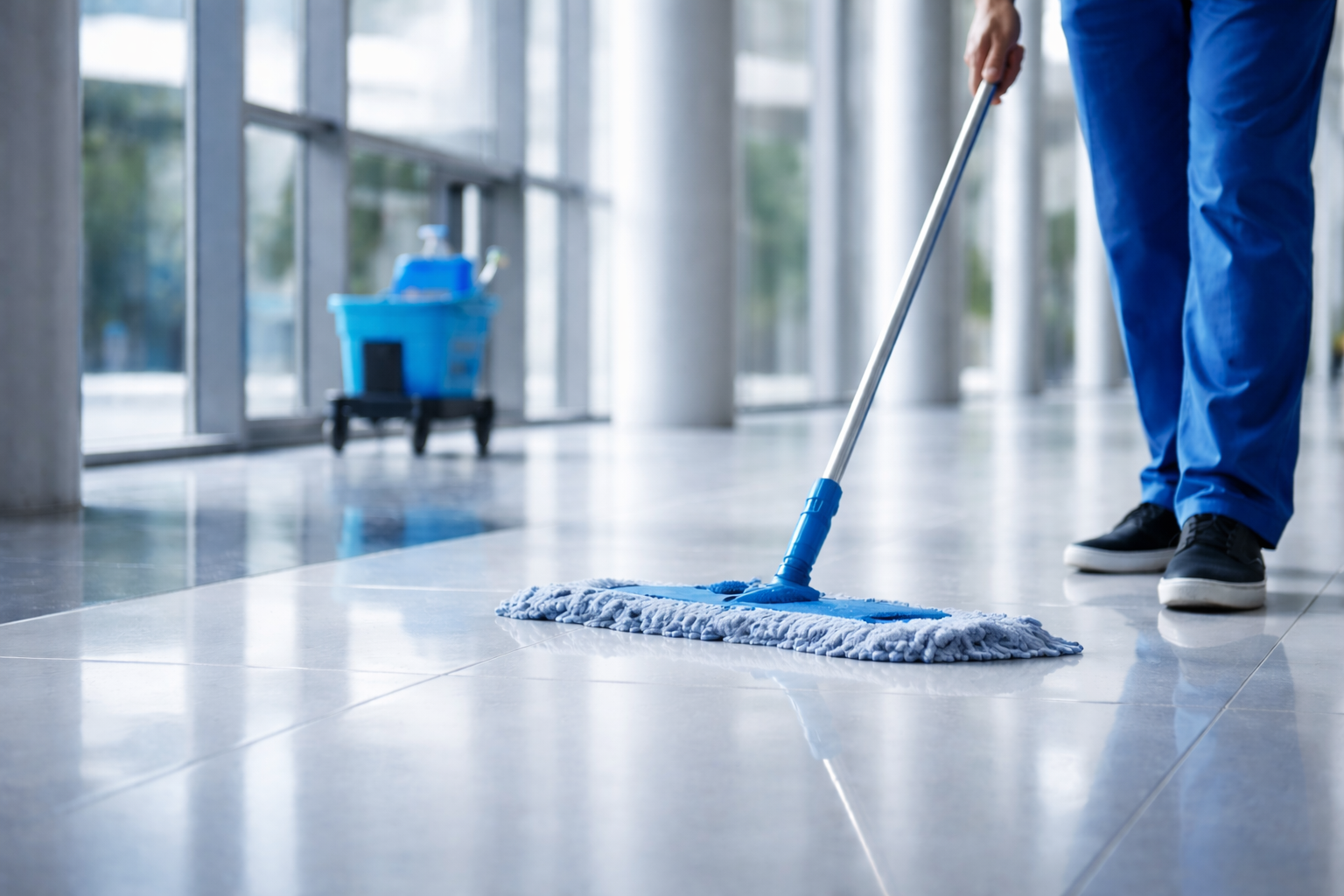 Agent de nettoyage professionnel entretenant le sol d'un bureau moderne